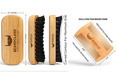 BEARDCLASS Organic Bamboo Beard Brush and Wooden Comb Kit Set - 4 in 1 Beard Grooming Kit Care Set with Dual Sided Comb & Boar Bristle Beard Brush - Mustache Comb and Scissors Include Gift Kit For Men - Thumbnail 4