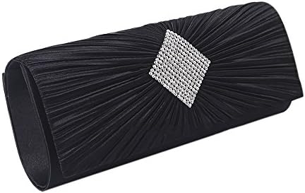 QZUnique Women's Luxury Rhinestone Satin Pleated Evening Wedding Party Clutch Purse Wallet Handbag Black