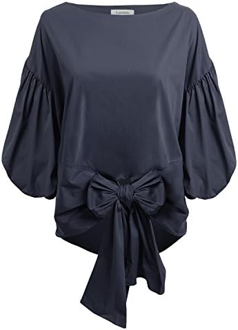 Lurelulu Women's 3/4 Puff Sleeve Waist Bow Tie Shirts Large Navy