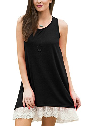 Women's Lace Tunic Top Sleeveless Sweatshirt Blouse A-Line Flowy Summer T-Shirt Dress Black L