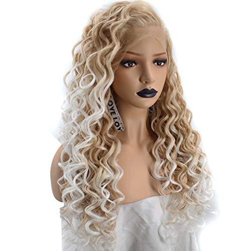 Anogol Hair Cap Long Kinky Curly Blonde Ombre White Lace Front