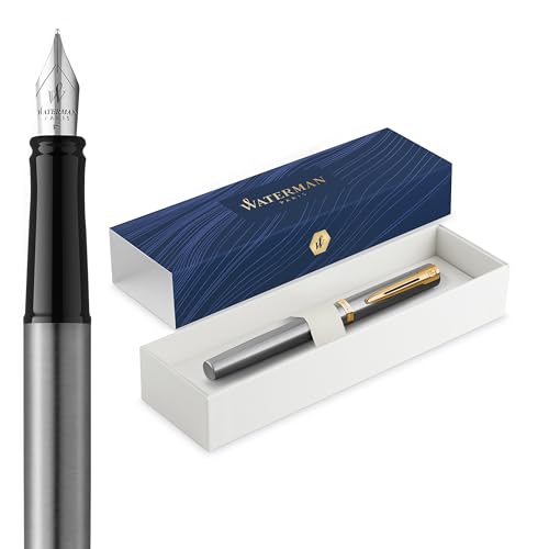 Waterman Impression Fountain Pen | Fine Nib with Blue Ink Refill | Stainless Steel with Gold-Coated Trim | Gift Box