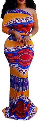Faisean Womens One Off Shoulder African Print Dashiki Bodycon Maxi Dress