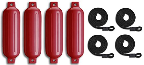 Mad-Dog-65-Inch-by-23-Inch-Red-Ribbed-Boat-Fenders-Four-Pack-with-Four-Black-Fender-Lines