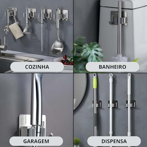 Kit 3 Unidades – Suporte Porta Vassouras em Aço Inox Premium com Prendedores Antiderrapantes e Ganchos – Organização Completa para Cozinha, Lavanderia e Garagem com Fixação Adesiva