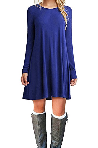 MOLERANI Women's Casual Plain Long Sleeve Simple T-shirt Loose Dress (XL, Royal Blue)