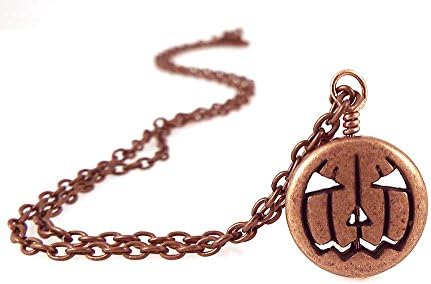 Copper Toned Metal Jack O Lantern Pumpkin Pendant Necklace for Halloween