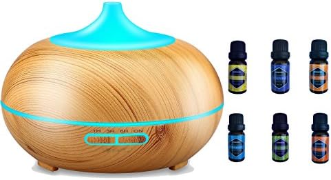 Ledniper 500ml Wood Grain Ultrasonic Cool Mist Humidifier with 7 Colors Changing LED Lights, Waterless Auto Shut-Off for Office Home Study Yoga Spa with Oil Gift Set (6-Pack)