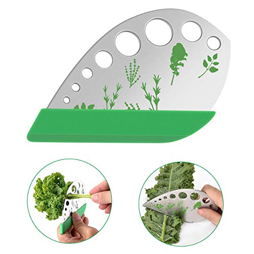 Leaf Herb Stripper, Stainless Steel Kitchen Herb Stripper Tool, 9holes, 2 in 1 design,Curved edge can be used as a kitchen knifefor Chard, Collard Greens, Parsley, Basil, Rosemary Herb, Taragon, Thym