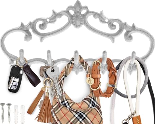Comfify Colgador de pared de hierro fundido, diseño vintage con 5 ganchos, llaves, toallas, etc. Montaje en pared, metal, resistente, rústico, vintage, idea de regalo decorativa, color blanco
