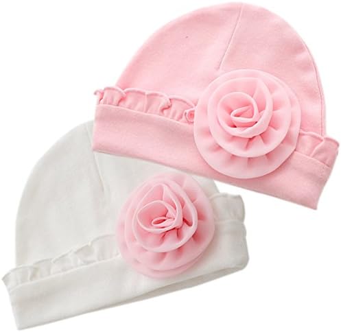 Venus888 Baby Girl Soft Cotton Cap Warm Beanie Hospital Hat With Large Chiffon Flower (Rose Flower)