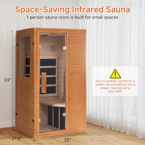 Real Relax 1 Person Infrared Sauna, Indoor Far Infrared Saunas for Home, Canadian Hemlock Wood Sauna with 950W/120v, 6 pcs Mica Heating Plates, Spa Room 33 * 27.3 * 59 Inch