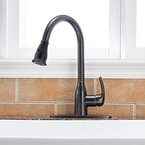 Solid Brass Single Handle Pull Out Sprayer Oil Rubbed Bronze Kitchen Faucet, Pull Down Kitchen Sink Faucet With Deck Plate - Thumbnail 5