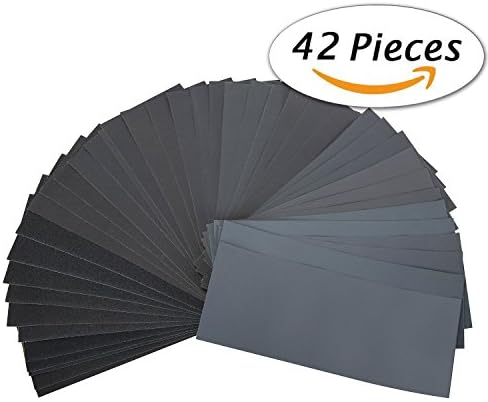 GOCHAN 42 Pcs Wet Dry Sandpaper 120 to 3000 Grit Assortment 9 3.7 Inches Abrasive Paper Sheets for Automotive Sanding, Wood Furniture Finishing, Wood Turing Finishing