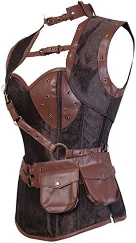 Women's Steampunk Retro Steel Boned Corset Waist Cincher Shapewear Steel-zipper at Side-brownX-Large/Fit Natural Waist 31"-32"