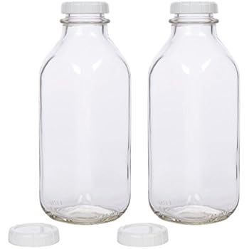 Glass Milk Bottle with Extra Lids - Set of 2 - USA Made 33.8 Oz Jug - Thick Durable Milk Bottle Larger than 1 Quart