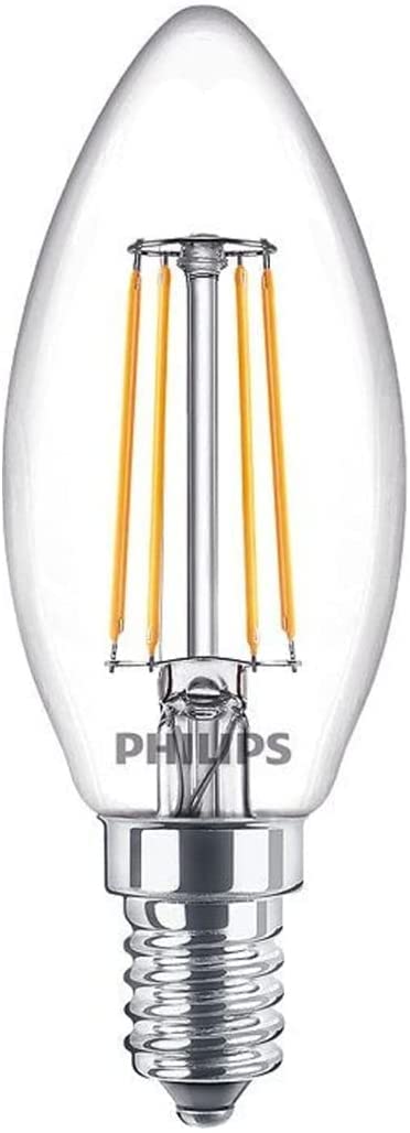Philips LED Classic Candle Filament Warm White Light Bulb, Glass, Clear, E14, 4 W