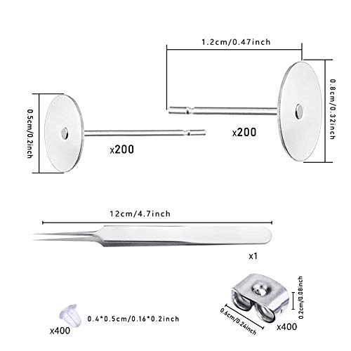 200 Pairs 5MM 8MM Hypoallergenic Stainless Steel Earrings Posts Flat Pad Blank Earring Pin Studs With 200 Pairs Butterfly Earring Backs 200 Pairs Silicone Bullet Earring Backs For Jewelry Making Findings