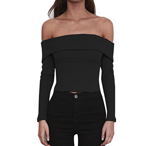 Women Blouse Daoroka Ladies Sexy Off Shoulder Knit Fold-over Long Sleeve Shirt Fashion Elegant Cotton Casual Slim Tops (L, Black)
