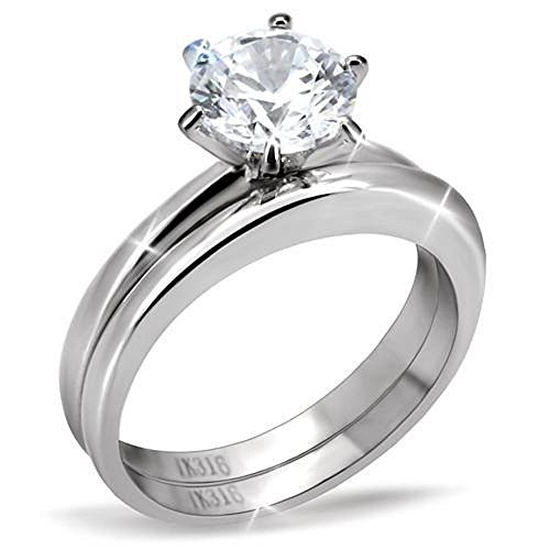 316L Stainless Steel Solitaire Engagement and Plain Band Wedding Ring Set, Size 8