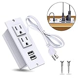 YaBland Desktop Power Strip with USB Conference Recessed Power Socket,Table Power Outlet Fireproof Safety Desk Power Plug,2 USB Port with 9.8ft Power Code for Kitchen,Office,Home,Hotel Etc.(White)