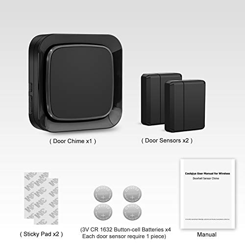 Door Sensor Chime Alarm System for Home Security, Coolqiya Wireless Entry Bell Alert 600FT Operating Range With 4 Volume Levels, 2 Door Sensors + 1 Plug-in Receiver (Black)