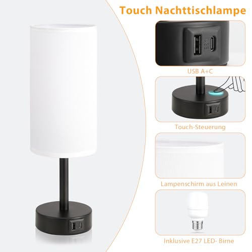 PreeOtti Bedside Lamp Touch Dimmable Table Lamp with USB A+C Charging Function, Linen Fabric Lampshade, Touch Lamp for Bedside Table, Living Room, Bedroom, Children's Room, Office (Includes Bulb)