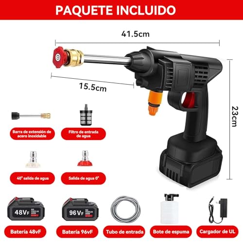 96V Hidrolavadora Inalambrica(2 Batería),Hidrolavadora Portatil con Manguera 5m, 2 Boquilla y Cañón de Espuma,Lavadora a Presión Portátil,Alcance de 6-8 Metros,Lavar Coches,Pisos,Riego de Jardín