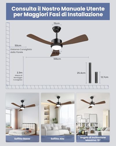Airwit Ceiling Fan with Light 106 cm, Wood Effect Blades, Silent Ceiling Fan with Remote Control, Dimmable LED, Reversible DC Motor, 6 Speeds for Living Room Room