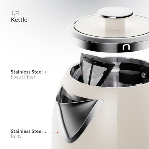 Feller Germany 2200 W 2-in-1 Retro Teamaker/Coffee Maker +1.7L Stainless Steel Electric Kettle with Strix, Adjustable Touch Teapot Temp+LED Display, TS490, 2Y Guarantee-UAE Version (Cream)