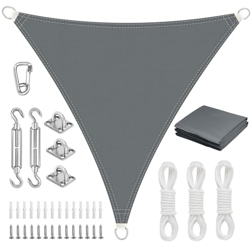 Triangular Shade Sail 4 x 4 x 4 m with Fixing Kit, Waterproof Triangular Shading Canvas, Sun Protection and Anti-UV, Shade Cloth without Drilling, Suitable for Terraces, Gardens and Greenhouses (Grey)