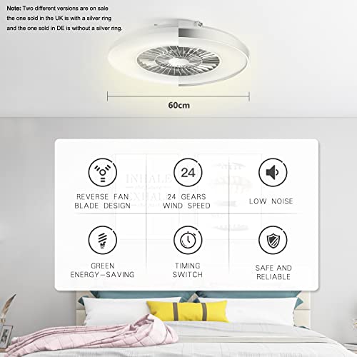 BKZO 60CM LED Ceiling Light with Fan, Ceiling Fan Lights 24 Levels Wind Speeds, Stepless Dimming Light, Modern Fan Lighting for Living Room, Dining Room, Bedroom, Office, 3000-5500K, Silver Frame