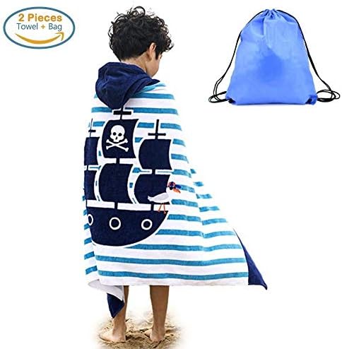 100% Cotton Kids Hooded Beach Bath Towel and Bag Set Large/Poncho Swim Beach Bath Towel Surfing Crocodile Pattern for Girls Boys 4-14 Years (Pirate Ship)