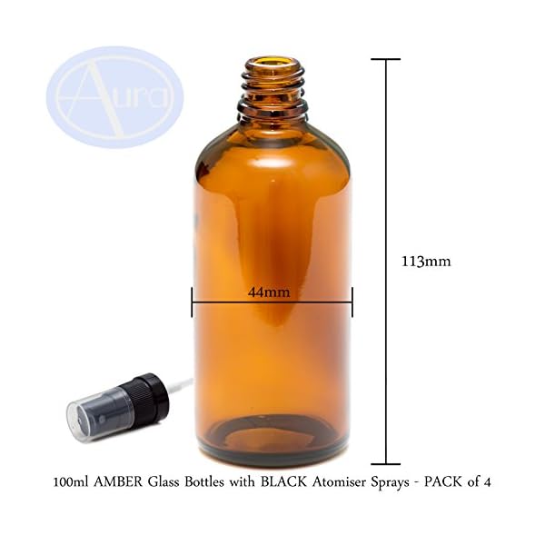 100ml-AMBER-Glass-Bottles-with-BLACK-Atomiser-Sprays-PACK-of-4 PACK of 4-100ml AMBER GLASS Bottles with Black ATOMISER Sprays. Essential Oil/Aromatherapy Use