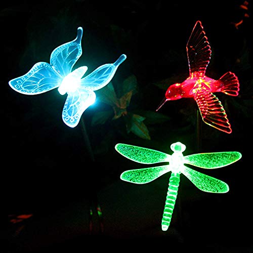 Solar Garden Lights Outdoor - Voona 3-Pack Color Changing LED Stakes with Clear Butterfly Dragonfly Hummingbird Stake Mixed for Outdoor Garden Pathway Lawn Yard Decoration