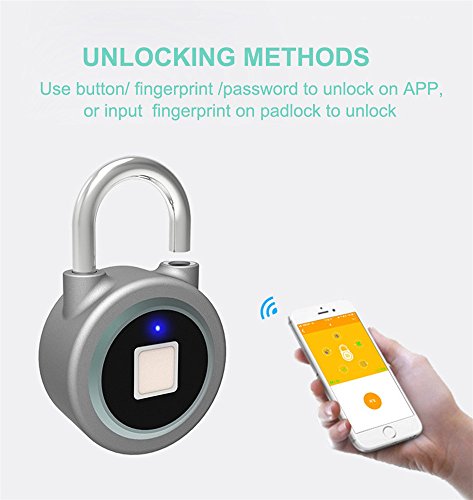 Rumfo Fingerprint Padlock, Bluetooth Connection Metal Waterproof, Suitable for House Door/Suitcase/Backpack/Gym/Bike/Office/APP is Suitable for Android/IOS Support USB Charging (Silver) - Thumbnail 2