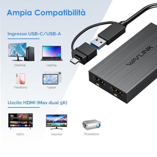 WAVLINK USB 3.1/USB C to Dual HDMI Adapter, DisplayLink Dual 4K@60Hz Monitor Hub, Compatible MacBook M1/M2/M3/M4, New MacBook Neo, Windows