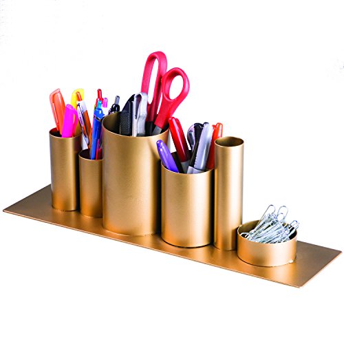 MyGift Desk Organizer, 6 Cylindrical Compartment Office Supplies Caddy, Brass