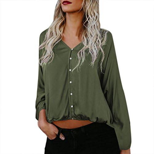 Womens Tops, DRACLE Long Sleeve Button V Collar T shirt Plus Size Loose Casual Blouse (XL, Green)