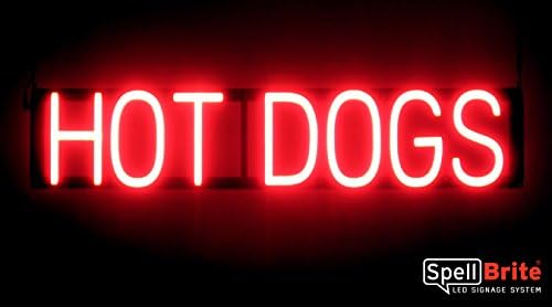 SpellBrite HOT DOGS Neon-LED Sign for Restaurants. 30.8" x 6.3" Ultra Bright, Energy Efficient, Long-Life LED. Visible Indoors from 500+ Feet with 8 Animation Settings (Red)