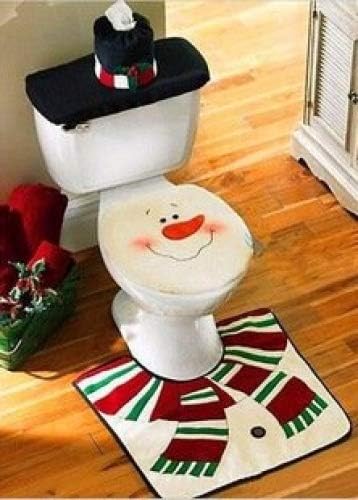 Zebratown 3 Pcs Christmas Decorations Happy Santa Claus Toilet Tank Lid Cover + Floor Mats Plus + Towel Sets Toilet Sets for Christmas (Christmas snowman)