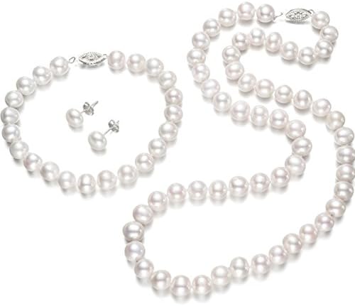 Chpel Freshwater Pearl Necklace Bracelet Earring Jewelry Set 925 Silver 7-8mm Near Round