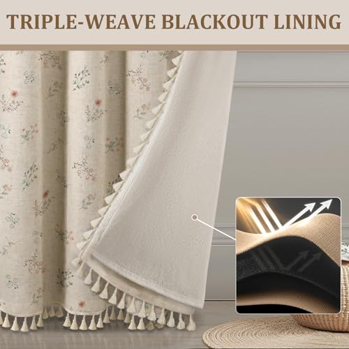 XOGUIBO Boho Floral 100% Blackout Curtains for Bedroom 84 Inch Length 2 Panels Set, Linen Texture Farmhouse Curtains Beige Tassel for Living Room Vintage Rustic Patterned Printed Western Rod Pocket
