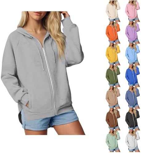 Cocila Zipped Hoodies for Women UK, Oversized Zip Up Hoodie Women Casual Fall Winter Sweatshirts with Pockets, Fashion Jackets Grey XL