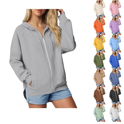 Cocila Zipped Hoodies for Women UK, Oversized Zip Up Hoodie Women Casual Fall Winter Sweatshirts with Pockets, Fashion Jackets Grey XL