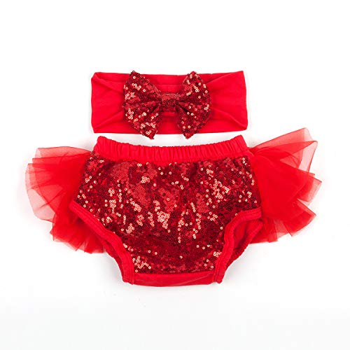 Slowera Baby Girls 2PCS Sets Cotton Tulle Sequins Diaper Cover Bloomers and Headband (Red, M: 6-12 Months)