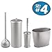 mDesign Modern Plastic Bathroom Storage and Cleaning Accessory Set - Includes Toilet Plunger, Bowl Brush, 3 Roll Toilet Paper Canister with Lid, Wastebasket Trash Can, Garbage Bin - 4 Pieces - Silver