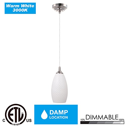 Cloudy Bay LMP9830ART-614 LED Pendant 3000K Warm White Dimmable 9W 600lm -60W Incandescent Equivalent, ETL certified, LED Mini Pendant Brushed Nickel with Art Glass