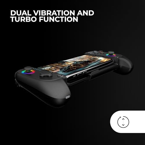 MGPX, Gamepad Bluetooth 5.0 2en1, RGB Neon, Vibración Dual y Función Turbo, Soporte Smartphone Hasta 6.8", Mando Multifunción Compatible PC, Android, iOS y Consolas, USB-C y Funda, Negro