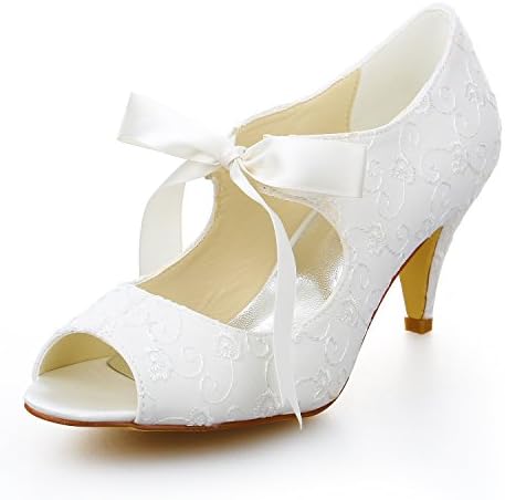 JIAJIA 5949416 Women's Bridal Shoes Peep Toe Mid Heel Satin Pumps Ribbon Tie Wedding Shoes
